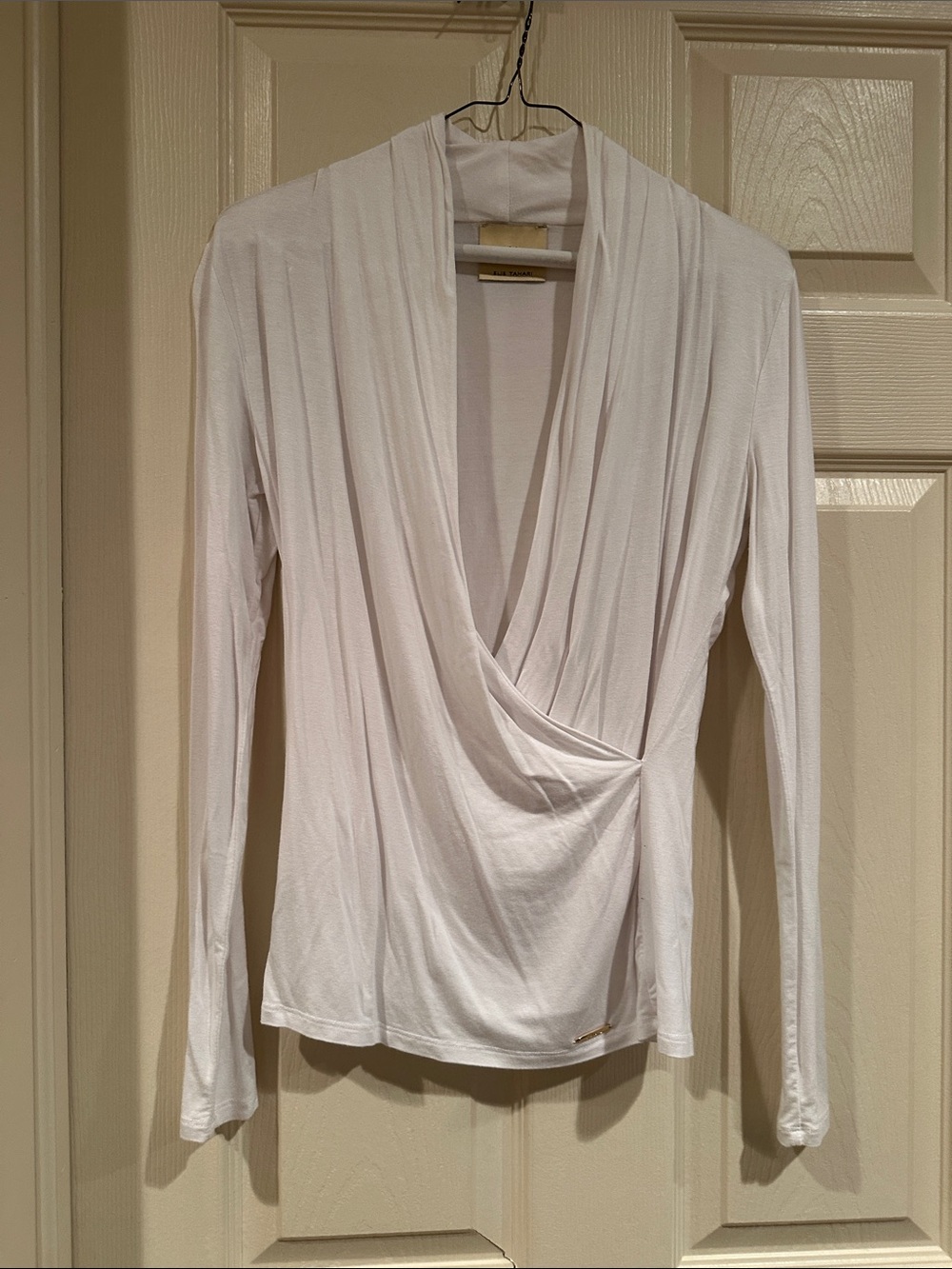 Elie Tahari White Draped Wrap-Front Long Sleeve Top